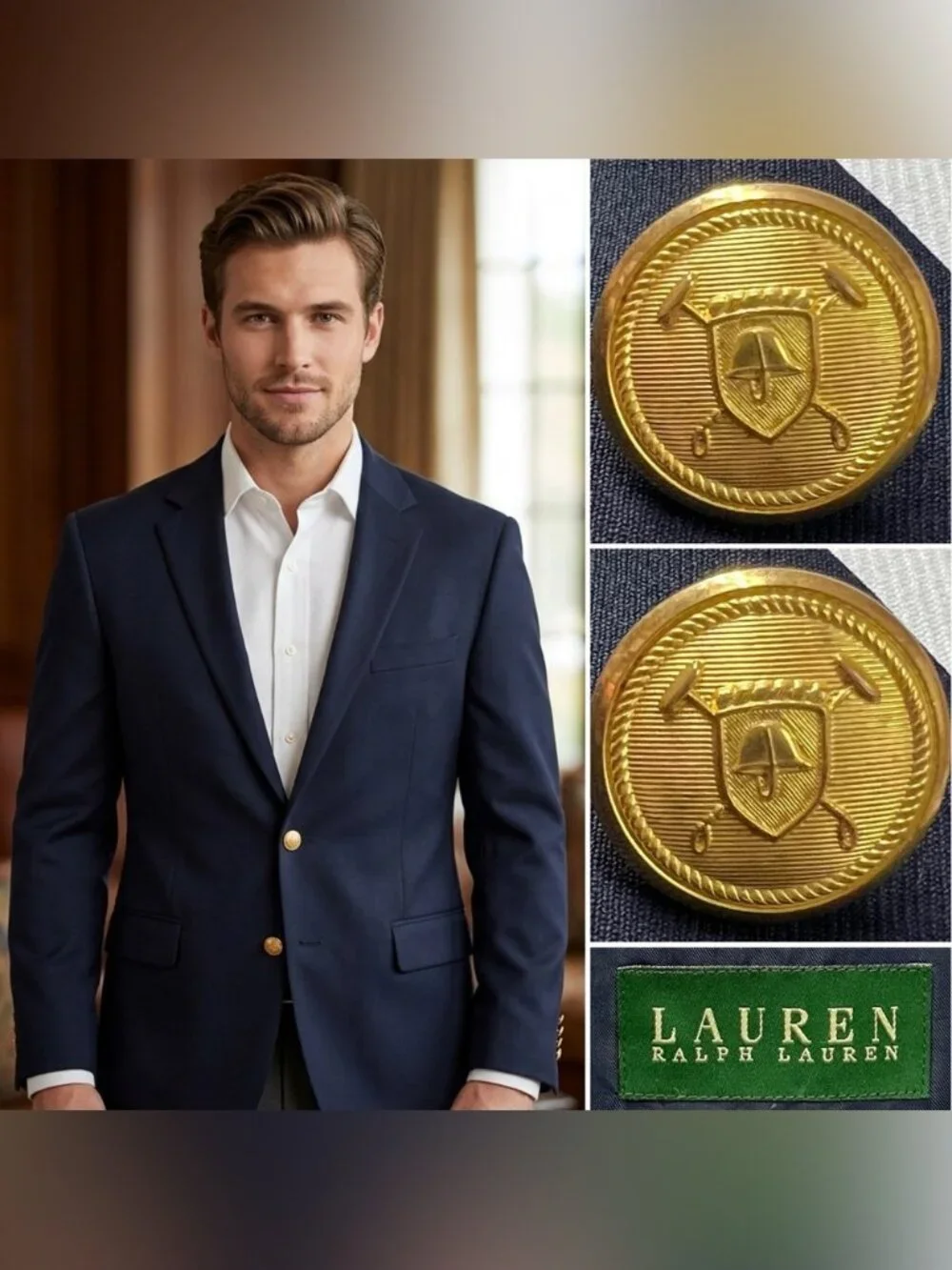 Ralph Lauren Men's 40R Navy Blue Gold-Button Wool Blazer Jacket Sport Coat
